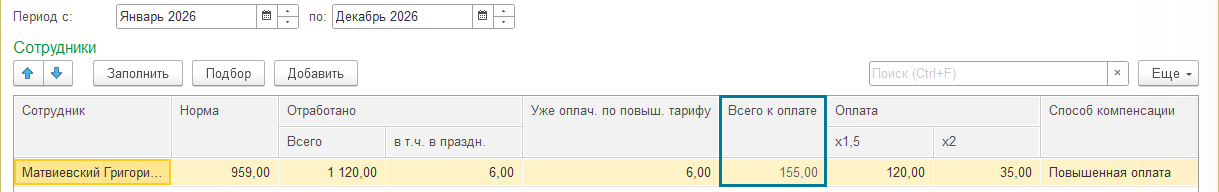 Документ «Регистрация переработок» в 1С:ЗУП за период с января по декабрь 2026: норма 959 часов, отработано 1120, из них 6 в праздники, всего к оплате 155 часов, из них 120 по х1,5 и 35 по х2